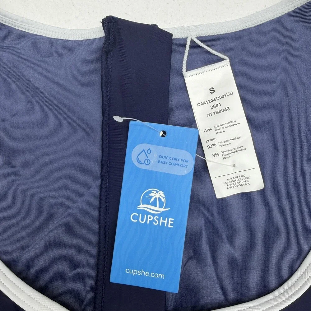Cupshe Swimsuit Womens S Blue One Piece Short Sleeve Zip Back Lined Stretch